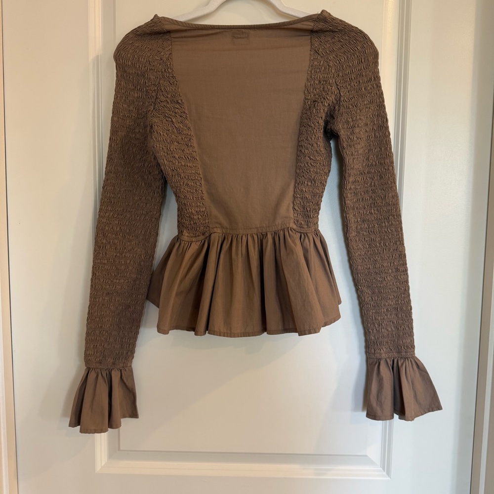 Free People Tropical Vibes Smocked Peplum Long Sleeve Top-Brown - Picture 4 of 8